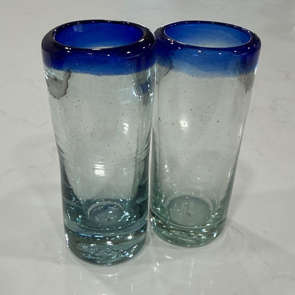 3/$25 Set of 2 Blue Rimmed Tall Shot Glasses - Picture 4 of 6